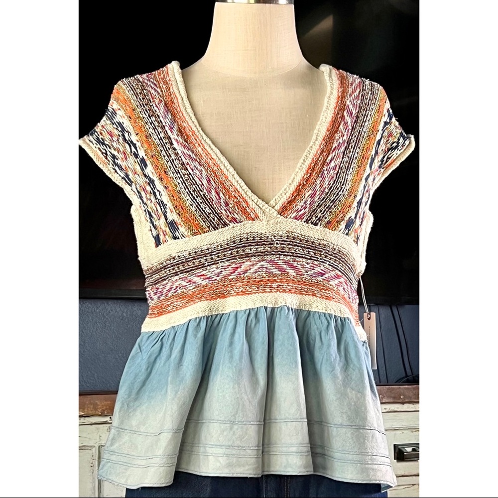 Anthropologie Embroidered Knit Babydoll Top XS